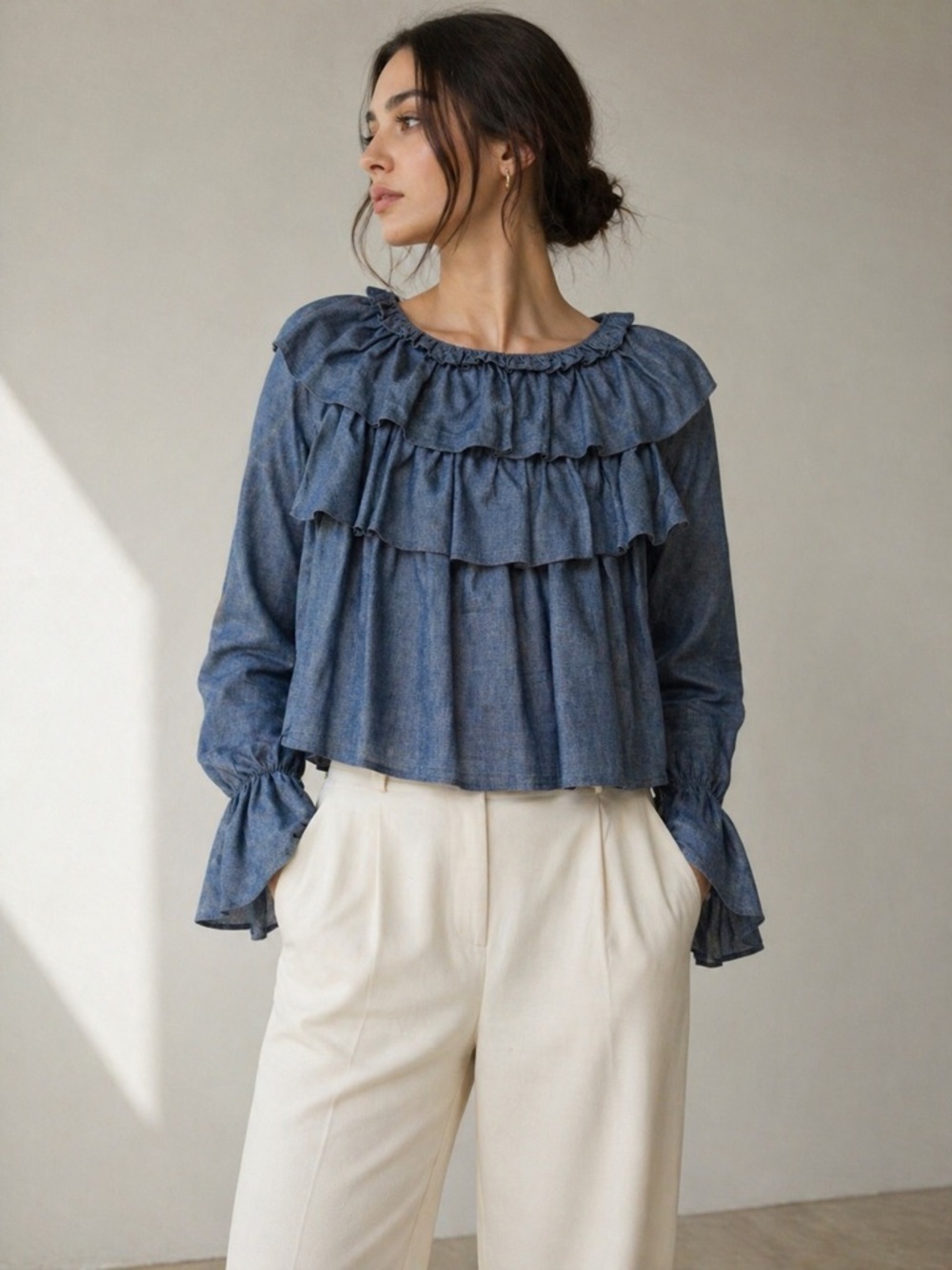 See by Chloé Blue Denim Ruffle Long Sleeve Blouse Cotton Linen 40 / US 8